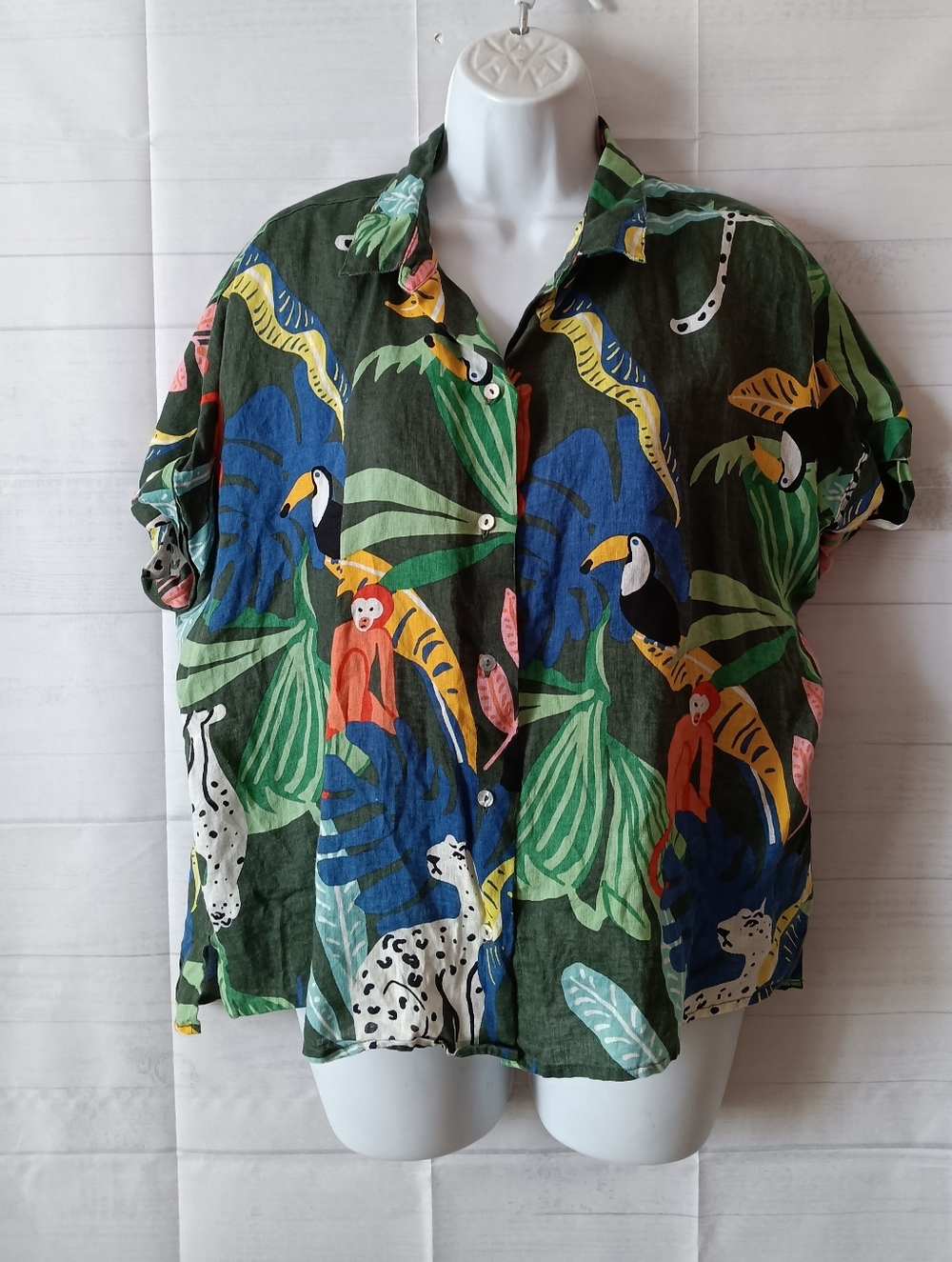 Christian Siriano Linen Button Front Jungle Print Shirt Top L